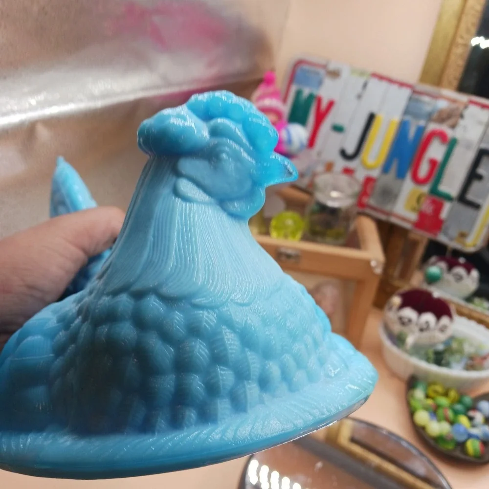 Vintage VALLERYSTHAL Blue Slag Glass Hen On Nest Covered Dish 8.5